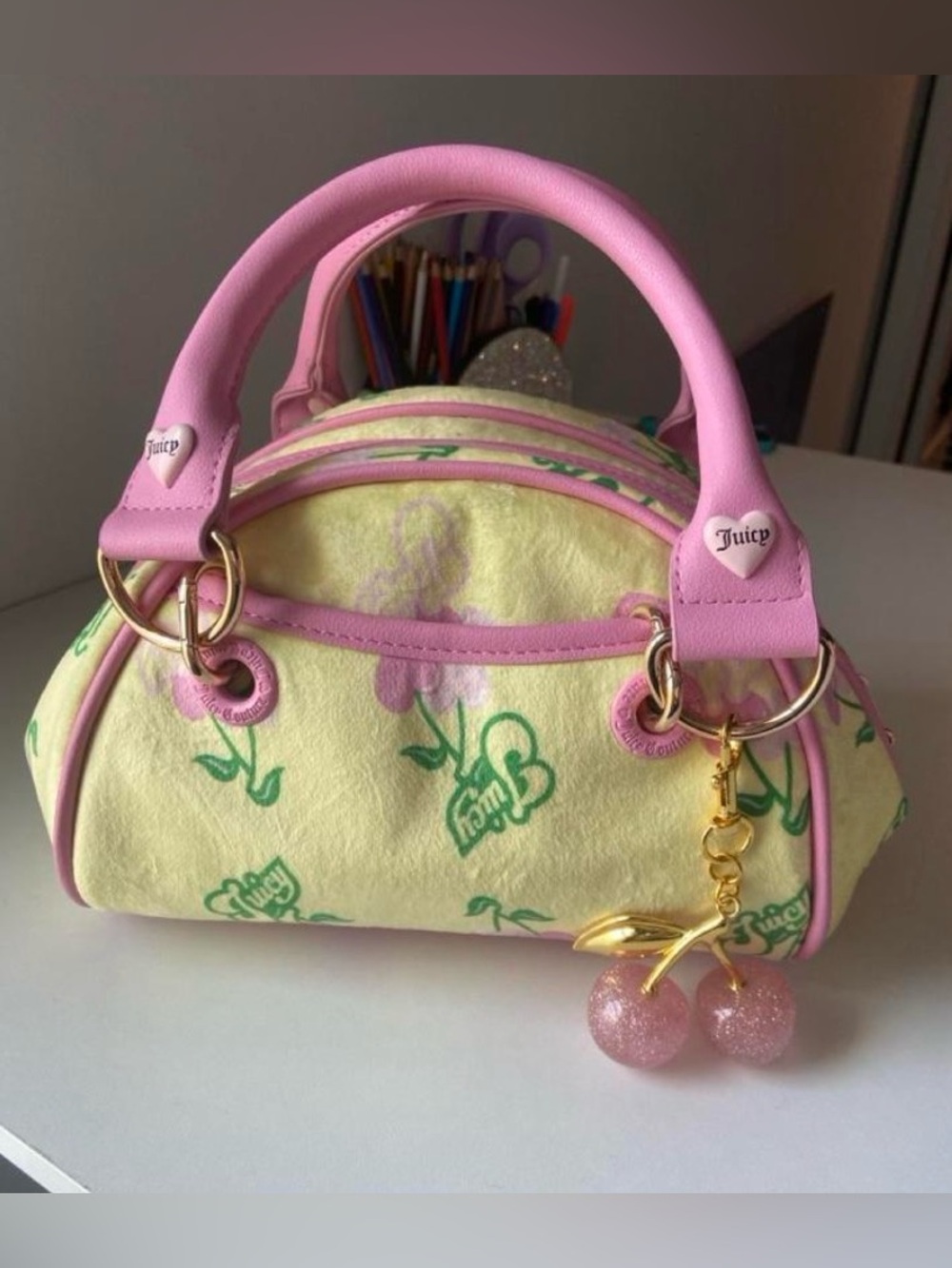 Juicy Couture yellow & pink cherry gelato bowler bag